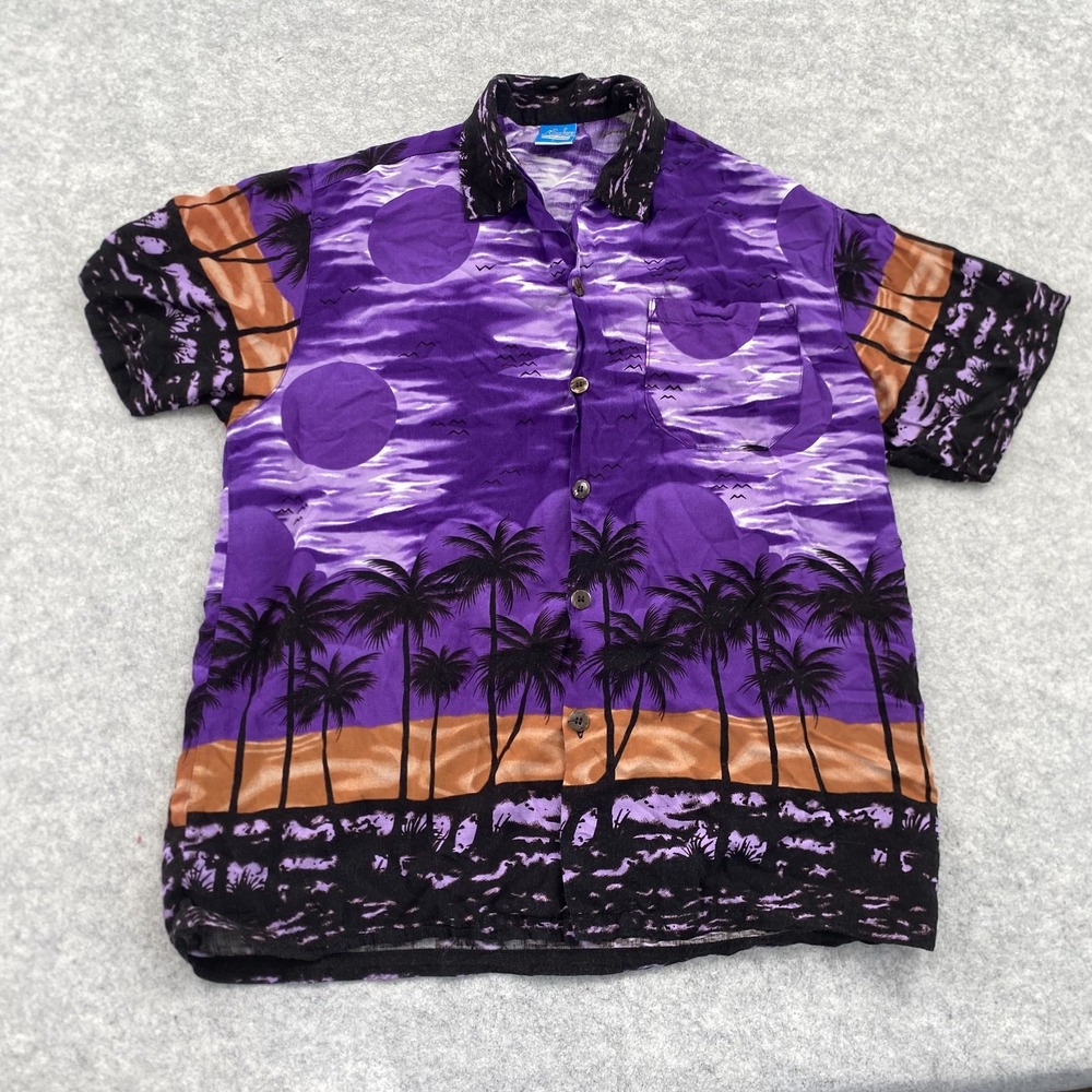Surface Shirt Mens Large Purple Sunset Palm Hawaiian Aloha Button Up Tropical
